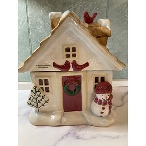 St Nicholas Square Handpainted Christmas Cookie Jar House Snowman Tree Birds